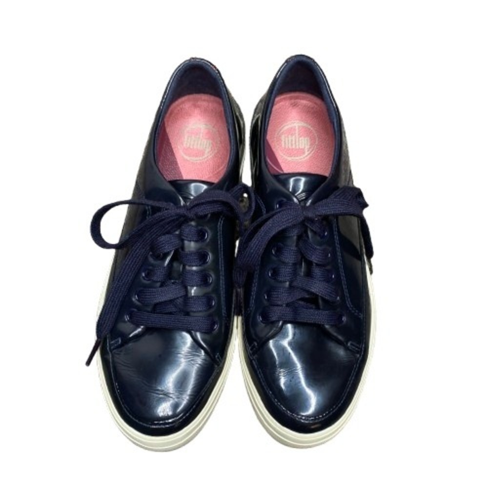 Fitflop Womens Patent Leather Lace Up Sneakers Size 7 Navy Blue Comfort Casual